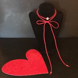 Red leather double loop choker with glass bead